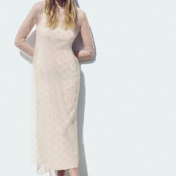 Zara Festive Knit Beaded Dress Limited Edition NWT Cava Beige Size Small - Picture 15 of 15